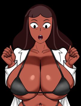 1girls 2d 2d_(artwork) ashleyblaze_(editor) bags_under_eyes bikini black_background breasts brown_hair brown_skin cleavage coldarsenal edit female grey_hair half_naked huge_breasts labcoat milf navel open_mouth priyanka_maheswaran solo steven_universe surprised_expression thick third-party_edit