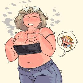 2girls absurd_res big_breasts blonde_hair blush blushing_profusely braid braided_hair braided_ponytail breasts chibi cleavage closed_eyes color completely_nude delicious_in_dungeon dungeon_meshi elf_ears elf_female embarrassed falin_touden fanning_self fanon_couple female flustered full-face_blush fully_clothed glasses half-elf highres large_breasts long_hair looking_at_partner marcille_donato nude pointy_ears ponytail romantic romantic_couple short_hair steam steaming_body sunburn surprised sweat sweating_profusely tan tan_background tied_hair viviancore wholesome yuri