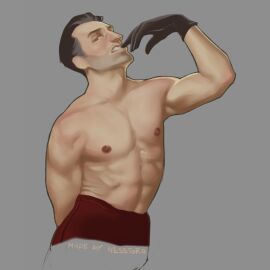 biting_finger flexing_muscles gay gloves grey_hair half_naked male male_only maskless maskless_spy middle_aged muscles muscular nesstora nipples no_genitals_shown no_sex solo solo_focus spy_(team_fortress_2) team_fortress_2