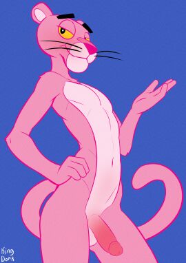 2025 absurd_res anthro balls felid femboy fur genitals hi_res kingdorkster looking_at_viewer male mammal multicolored_body multicolored_fur pantherine penis pink_body pink_fur pink_panther pink_panther_(series) simple_background smile smiling_at_viewer solo two_tone_body two_tone_fur yellow_sclera