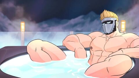 2d 2d_animation abs animated bara biceps blonde_hair ghostgocensorme male male_nipples male_only mask masked masked_male muscular muscular_male nipples nude pecs silvyspark wet yaoi
