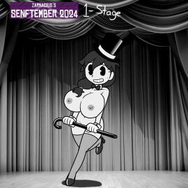 1girls big_breasts bowtie_collar breasts cane dancing embarrassed embarrassed_nude_female enf female female_only gloves long_hair low_tied_hair nadia_(nairod103098) nairod103098 naked_gloves naked_hat naked_heels naked_thighhighs navel nipples nude nude_female senftember senftember_(2024) solo stage tagme top_hat