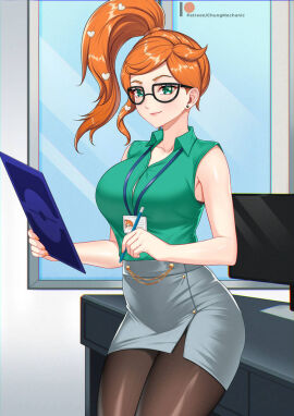 1girls breasts chungmechanic clipboard computer_monitor desk earrings female glasses green_eyes green_shirt grey_skirt heart_hair_ornament holding_clipboard holding_pen id_card lanyard large_breasts looking_at_viewer name_tag nintendo office_lady orange_hair painted_fingernails pantyhose pen pencil_skirt pokemon pokemon_ss ponytail shirt shirt_tucked_in side_ponytail skirt sonia_(pokemon) window