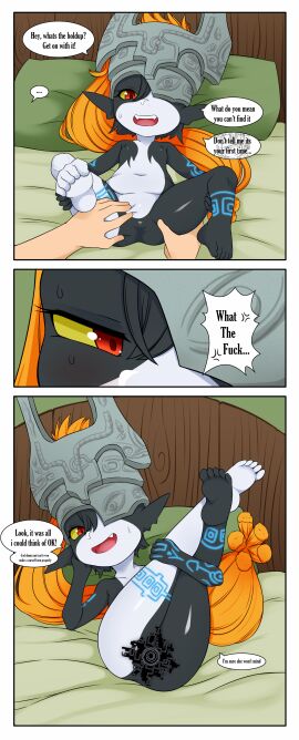 2025 absurd_res ass bed blush bodily_fluids comic embarrassed english_text featureless_crotch female furniture hair hi_res humanoid imp legs_together long_hair looking_at_viewer midna multicolored_body nintendo nipples oozutsu_cannon open_mouth pointy_ears smile speech_bubble spread_legs spreading sweat tattoo text the_legend_of_zelda twili twilight_princess vortex