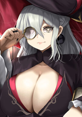 :) astellar_diabellstar_(sinful_spoils) big_breasts black_hat black_nails breasts breasts_focus cleavage diabellstar_the_black_witch diabellstar_the_black_witch_(alt) duel_monster female glasses grey_eyes grey_hair hat highres hogehogehoge_t holding holding_removed_eyewear konami large_breasts mature_female monocle official_alternate_costume painted_nails sinful_spoils_(yu-gi-oh!) smile solo unworn_eyewear witch witch_hat yu-gi-oh!