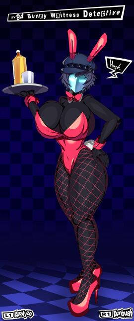 1girls after_transformation bare_shoulders black-skinned_female black_skin blue_hair blue_hat bowtie breasts breasts_bigger_than_head bunny_ears bunny_tail bunny_waitress bunnysuit captain_kirb captain_kirb_(sfw) cleavage clothed clothed_female clothing enemy_conversion english english_text fake_bunny_ears fake_bunny_tail female female_only fishnet_legwear fishnet_stockings fishnets game_ui gameplay_mechanics hand_on_hip hat heels holding_tray huge_breasts implied_transformation leotard mask masked masked_female navel_visible_through_clothes persona persona_4 persona_5 post-transformation red_bowtie red_bunny_ears red_bunnysuit red_fishnets red_heels red_leotard serving_tray shadow_(persona) shadow_waitress shirogane_naoto short_hair slim_waist speech_bubble text text_box thick_thighs transformation tray waitress wide_hips