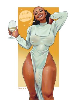 1futa big_breasts big_penis breasts bulge champagne champagne_glass closed_eyes clothed clothing dark-skinned_female dark-skinned_futa dark_skin dialogue dickgirl dorndraws double_slit_dress dress drink english_text female flaccid front_view fully_clothed futa_only futanari hand_behind_head high_slit_dress holding_dress holding_object human intersex large_breasts large_penis loincloth nipple_bulge nun penis slit_dress smile solo speech_bubble standing text thick_thighs thighs white_clothing