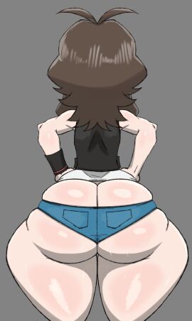 1girls ass ass_focus ass_hanging_out ass_hanging_out_of_shorts ass_out back back_view barely_contained barely_contained_ass big_ass big_butt big_thighs bottom_heavy brown_hair clothing female fully_clothed grey_background hilda_(pokemon) hips_wider_than_shoulders human long_hair mrn00b0d1 n00b_x5_(lt4l14n0) no pale_skin pokemon short_shorts shorts sleeveless small_shorts straining_clothing sweat sweatdrop sweating sweaty sweaty_ass sweaty_body sweaty_butt thick thick_ass thick_butt thick_hips thick_thighs wide_hips wristwear