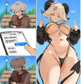 1boy bikini birthday breasts curvy demon demon_girl female gift hat male original outdoors park park_bench rakeemspoon semi_nude sequence small_hair string_panties suprised susan_(rakeemspoon) teleport text text_message thick_thighs underboob viewed_from_front yellow_eyes