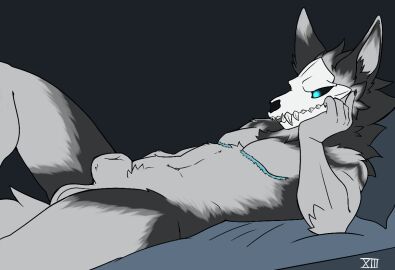 animal_genitalia animal_penis animated anterior_nasal_aperture anthro arm_support barbatosxiii becoming_erect blinking blue_eyes blue_penis blue_scar bodily_fluids bone canine_genitalia canine_penis countershade_fur countershading dripping fur genital_fluids genitals getting_erect glowing glowing_eyes hand_on_cheek leaning_on_elbow looking_at_genitalia looking_at_penis looking_at_viewer lying male male_only mastectomy_scar navel on_back penis precum precum_drip scar sharp_teeth sheath skull skull_head skulldog_(species) solo teeth trans_man transmasc xiii_(barbatosxiii)