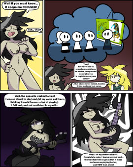 1boy 1girls 4koma andrew_(hornyplanters) breasts camilla_(hornyplanters) clothed_male_nude_female comic dialogue english_text female hornyplanters lecture male nude nudist presentation pussy