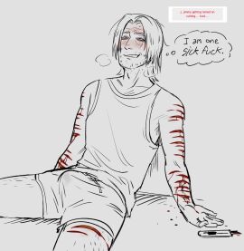 1boy black_and_white bleeding blood_drip blood_on_body blood_on_leg blush boner boner_in_pants box_cutter cuts_on_arms cuts_on_thighs cutting cutting_self hard_on jimmy_(mouthwashing) looking_up male male_only minimal_color mouthwashing mouthwashing_(game) on_floor pleasure_face precum self_harm self_harm_fetish steamy_breath strawpage_request sweating tank_top turned_on zzoupz