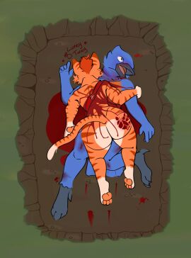 anthro ass ass_up avian big_ass big_butt bird blood_pool bluebird bodily_fluids broken_neck bruised death double_kill duo eastern_bluebird felid feline gore grave hand_print hand_print_on_butt hi_res laying_on_another luneytuney lying male male/male male_death mammal neptune_mereaux nosebleed on_back on_front oscine passerine spine thrush_(bird) wound_on_back wounded