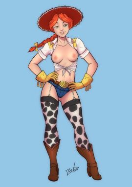 breasts breasts_out cow_print cowboy_boots cowboy_hat female garter_straps ginger gloves green_eyes jean_shorts jessie_(toy_story) midriff pigtail thighhighs tied_shirt toy_story zoobastik