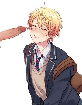 1boy absurdres backpack bag black_jacket blonde_hair brown_bag brown_sweater_vest censored closed_eyes closed_mouth collared_shirt cum cum_on_male disembodied_penis dress_shirt ejaculation facial gay hair_between_eyes highres jacket lapels layered_clothes male male_focus mosaic_censoring multicolored_necktie necktie open_clothes open_jacket penis project_sekai school_uniform shirt solo sweat sweatdrop sweater_vest tenma_tsukasa upper_body white_background white_shirt white_trim wtru3852 yaoi