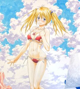 1girls big_breasts bikini blonde_hair blue_eyes blush breasts busty character_request cleavage female female_only highres jewelry large_breasts legs long_hair looking_at_viewer navel necklace red_bikini smile solo swimsuit thighs toned traditional_media twintails voluptuous