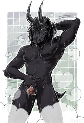 anthro avian bathing big_clitoris bird black_body black_feathers black_hair clitoris corvid corvus_(genus) crow cuntboy curved_horn demon feathers genitals hair half-closed_eyes hi_res horn humanoid_genitalia humanoid_vulva intersex jariloxe narrowed_eyes nude open_mouth open_smile oscine passerine pussy showering smile solo trans_(lore) trans_man_(lore) vulva wet wet_body wet_feathers