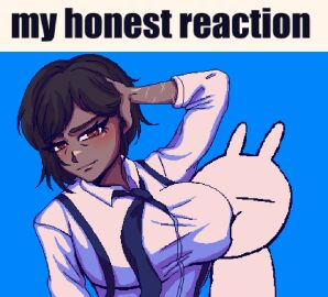 1girls animated big_breasts blue_background breast_sucking breasts brown_hair dark-skinned_female dark_skin female limbus_company meme my_honest_reaction outis_(limbus_company) pixel_animation pixel_art project_moon short_hair text uniform yellow_eyes zolotokos