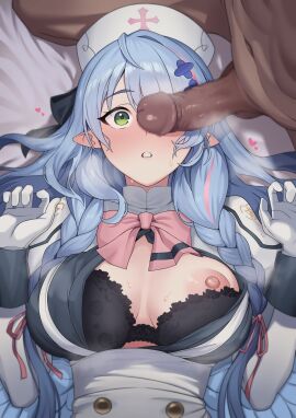 0haribo0 1boy absurdres black_bra blue_archive blue_hair bow bowtie bra braid censored center_opening commentary_request cross_hair_ornament dark-skinned_male dark_skin erection female gloves green_eyes hair_ornament hair_ribbon hat heart heavy_breathing high-waist_skirt highres juliet_sleeves long_hair long_sleeves lying mine_(blue_archive) mosaic_censoring navel nipples nurse_cap on_back one_breast_out partial_commentary penis_awe penis_on_face penis_over_one_eye pink_bow pink_bowtie pink_ribbon pointy_ears puffy_sleeves ribbon side_braids skirt straight surprised sweat underwear white_gloves white_skirt wide-eyed