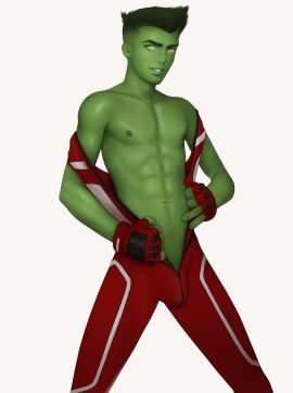 abs beast_boy beast_boy_(young_justice) dc dc_comics drawnpr0n garfield_logan gay green_body green_hair green_skin grey_eyes male stripping yaoi young_justice young_justice:_outsiders