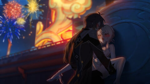 against_wall artist_request couple female fireworks genshin_impact hoyoverse loving_couple lumine_(genshin_impact) male zhongli_(genshin_impact)