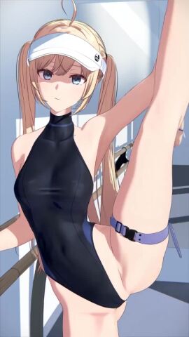 2boys 3d :/ akehi_yuki armpits black_leotard blonde_hair breasts buckle censored commentary cum cum_on_armpits cum_on_body cum_on_legs erection female grey_eyes harness hat highleg highleg_leotard highres leotard long_hair looking_at_viewer male medium_breasts miyo_(akehi_yuki) mosaic_censoring multiple_boys multiple_males one_leg_up original penis reclining sleeveless snap-fit_buckle split standing_split symbol-only_commentary tagme thighs turtleneck turtleneck_leotard twintails video visor_cap white_hat