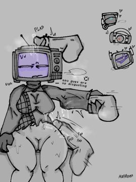 1girls 3boys clothed dark_speakerman dark_tv_man_(skibidi_toilet) disgusted disgusted_expression disgusted_face female handjob male penis penis_on_head penis_on_leg plungerman precum sweat tvwoman_(skibidi_toilet)