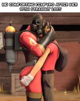 1girls 3d ass ass_grab backpack bandaged_hand belt bodysuit boots caption cargo_pants english_text female fempyro gas_mask gas_tank gloves grabbing_ass headphones hug hugging hugging_partner justaglass male meme meme_caption pyro_(team_fortress_2) red_clothing rule_63 scout_(team_fortress_2) sfm short_male size_difference source_filmmaker straight tagme tall_female team_fortress_2 text
