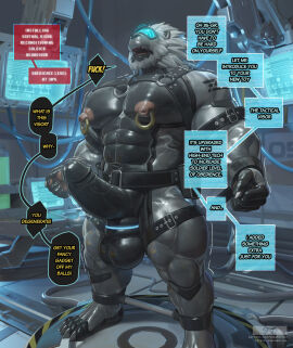 4_toes 5_fingers abs anthro areola balls balls_stretcher barefoot beard biceps big_muscles biped black_balls black_body black_glans black_harness black_nose black_penis black_straps blue_visor body_hair bodysuit bondage bound buckle claws clothing cuff_(restraint) dialogue digital_media_(artwork) electronics english_text erection esgar eyewear facial_hair feet felid fingers fist genitals glans gold_piercing grey_body grey_bodysuit grey_skinsuit grey_tail hair harness hi_res humanoid_genitalia humanoid_penis jewelry leather leather_cuffs leather_harness leather_strap legcuffs lion male male_focus male_only mammal mane metal_claws metal_cuffs monitor motion_lines muscles muscular muscular_anthro muscular_male muscular_sub muscular_thighs navel nipple_piercing nipples o-ring open_mouth pantherine pecs penis piercing pink_areola pink_nipples plantigrade restraints ring_piercing shackles skinsuit slave solo speech_bubble spreader_bar standing straps submissive submissive_male tail takahirosi teeth text thigh_cuffs tight_clothing toe_claws toes white_beard white_mane wrist_cuffs