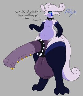 absurd_res animal_genitalia animal_penis anthro balls blue_eyes casualredjerk clothing collar dialogue english_text equine_genitalia equine_penis femboy generation_6_pokemon genital_piercing genitals gloves goodra handwear hi_res hyper legwear male nintendo penis penis_piercing piercing pokemon pokemon_(species) purple_body saggy_balls simple_background solo solo_focus spiked_collar spikes text thigh_highs