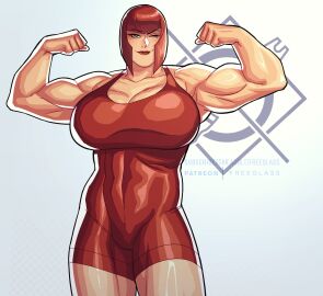 1girls abs bangs biceps bob_cut breasts brown_hair cleavage clothing fat_breasts female female_only flexing flexing_bicep freeglass front_view green_eyes huge_breasts lipstick looking_at_viewer makeup marisa_rossetti muscles muscular muscular_female one_eye_closed red_dress red_hair short_hair smile solo sportswear street_fighter street_fighter_6 thick_thighs thighs thunder_thighs wide_hips wink