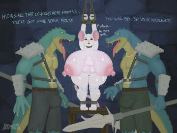 4:3 anthro antoinette_(deepmovth) armor belly big_belly big_breasts big_ears bite_mark bite_mark_on_breast bodily_fluids bondage bottomwear bound breasts brick_wall brown_eyes bulge chains claw_marks claws clothing crocodile crocodilian deepmovth dialogue english_text fangs feet female furniture glistening glistening_body gold_(metal) gold_chain green_body group hi_res huge_breasts interspecies legs_tied male male/female mammal melee_weapon mouse murid murine open_mouth overweight overweight_female pants polearm predator/prey pupils questionable_consent raised_arms reptile rodent saliva saliva_string scalie shoulder_armor slit_pupils spear straps sweat table tail teeth text tongue tongue_out tooth_necklace torn_bottomwear torn_clothing torn_pants trio wall_(structure) weapon white_body wide_hips yellow_eyes