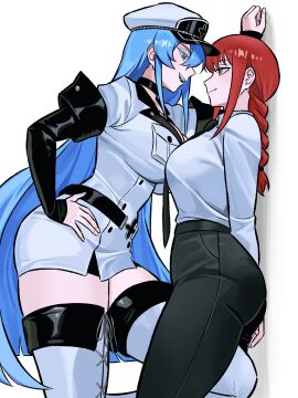 2girls akame_ga_kill! blue_eyes blue_hair breast_press breasts chainsaw_man choker esdeath_(akame_ga_kill!) female fully_clothed makima_(chainsaw_man) open_mouth red_hair yellow_eyes zeon_(zzeeonn) zeon_j
