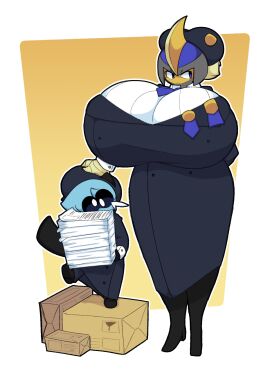 big_breasts breasts dewbber dewott female furry furry_only huge_breasts large_breasts male pokemon pokemon_(species) shorter_male simple_background tall taller_female thighs tusks_(dewbber) working