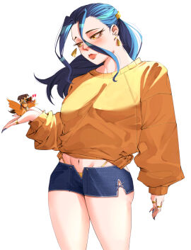 black_hair blue-haired_female blue_hair blush breasts clothing denim earrings female female_only hair_behind_ear hair_ornament holding jewelry jobin_chan long_hair long_sleeves looking_at_viewer midriff nail_polish navel nefertari_vivi one_piece open_mouth original pixiv ring shirt short_shorts shorts simple_background solo sweater tied_hair underwear white_background yellow_eyes