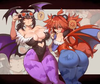 2girls ? alternate_costume anger_vein angry animal_print ass bat_print bat_symbol big_ass big_breasts black_hair blue_pantyhose breasts capcom clenched_teeth cosplay darkstalkers eyepatch female female_only flipping_off fully_clothed goggles goggles_on_head grace_howard head_wings hi_res highres huge_ass huge_breasts koleda_belobog large_ass large_breasts leotard lilith_(darkstalkers)_(cosplay) lilith_aensland_(cosplay) long_hair middle_finger morrigan_aensland_(cosplay) multiple_females multiple_girls orange_eyes pantyhose purple_pantyhose red_hair succubus_wings sweat sweatdrop thiccwithaq thick_ass thick_thighs thighs wings zenless_zone_zero zoom_layer