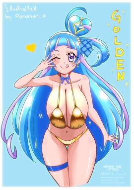 1girls aged_up aokaze_nana big_breasts bikini blue_hair breasts cure_wink female female_only golden_bikini golden_week idol kimi_to_idol_precure light-skinned_female light_skin magical_girl precure pretty_cure purple_eyes pururun_z solo toei_animation wink
