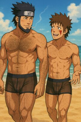 ai_generated asuma_sarutobi beach body_hair gay kiba_inuzuka naruto_(series) naruto_shippuden underwear