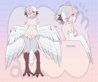 absurdres animal_ears bird_ears bird_legs breasts brown_eyes commentary english_commentary feathers female grey_hair hair_over_one_eye harpy highres looking_at_viewer medium_breasts medium_hair monster_girl multicolored_hair multiple_views navel nipples nude original pink_hair pussy talons uncensored unreal_fish white_feathers white_hair white_wings wings