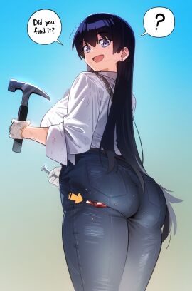 1girls ain_(in) alternate_language arato_nagi arrow_(symbol) ass black_eyes black_hair breasts denim earrings female gem gloves gradient_background hammer highres holding holding_hammer in_(ain) jeans jewelry large_breasts long_hair looking_at_viewer nagi_arato open_mouth pants ruri_no_houseki ruri_rocks shirt sleeves_rolled_up solo speech_bubble two-tone_background white_gloves white_shirt