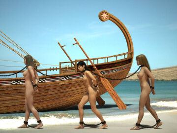 3d 3girls ankle_cuffs arms_behind_back barefoot black_hair blonde_hair bondage bound bound_together bound_wrists breasts chain_leash chained chained_ankles coffle collar completely_nude cuffs evan_(fantasytubasa) fantasytubasa female female_only femsub leash linked_collar multiple_females multiple_girls multiple_subs nude nude_female original rachel_(fantasytubasa) slave slave_girl slave_raid wrist_cuffs