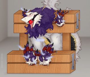 anthro bariesuterram bondage bound chase_(deaconthereaper) feet gag genitals hi_res male male_only paws penis restraints sergal solo stocks submissive_male tickling