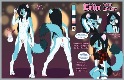 2024 anthro anus backsack balls ballsack black_hair blue_body blue_fur blush bodily_fluids bottomwear clothing collar crop_top devil_horns_(gesture) dialogue earbuds electronics english_text erection erin_(punkpega) femboy flaccid foreskin fur genitals gesture hair hand_gesture headphones hi_res humanoid_genitalia humanoid_penis long_hair looking_at_viewer male mammal model_sheet mustelid musteline open_mouth penis punkpega shirt shorts smile solo speech_bubble stoat sweat text topwear true_musteline uncircumcised weasel whiskers yellow_eyes