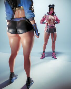 2025 2girls 3d areolae_slip ass athletic athletic_female big_ass big_breasts big_thighs black_hair braless breasts cleavage covered_nipples curvaceous duo female female_focus female_only high_heel_sneakers hotpants hourglass_figure huge_ass jacket_only kitana kitana_(new_era) light-skinned_female light_skin midriff mileena mileena_(new_era) mortal_kombat mortal_kombat_1_(2023) netherrealm_studios no_bra nv3d official_alternate_costume ox_horns pale-skinned_female pale_skin simple_background tagme thick_thighs voluptuous voluptuous_female wedge_heels