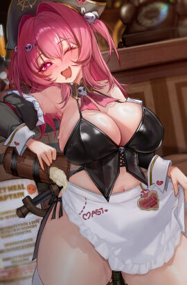 absurdres antique_phone apron ascot barrel beer_mug bicorne black_collar black_hat black_panties black_sleeves blush boots bottle breasts cleavage close-up collar collarbone cup detached_collar detached_sleeves female goddess_of_victory:_nikke hair_ornament hairclip hat heart heart-shaped_pupils highres huge_breasts kiyoi_(gyhw8444) kneeling long_hair mast_(nikke) mast_(romantic_maid)_(nikke) mug navel oerba_yun_fang one_eye_closed open_mouth panties phone pink_hair pirate_hat purple_eyes red_ascot rotary_phone side-tie_panties sideboob skin_fang skull_choker skull_ornament smile solo symbol-shaped_pupils thigh_boots thighs underwear waist_apron white_apron wine_bottle