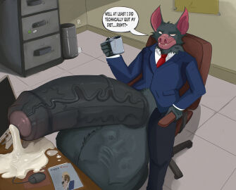 anthro anthropomorphic bat bones cock_vore cum cum_digestion death dispatch_(game) fatal_vore foreskin furry furry_only gore hybrid hyper_cum hyper_genitalia hyper_penis jaymesvore male_focus male_only massive_balls massive_penis nightmare_fuel office_chair office_setting sonar_(dispatch) speech_bubble vore