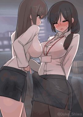 1futa animated arms_behind_back black_hair blush breasts brown_eyes brown_hair bulge clenched_teeth cum cum_on_body cum_on_legs ejaculation ejaculation_under_clothes erection erection_under_clothes female futanari glasses hair_over_shoulder indoors lanyard large_breasts large_penis long_hair office_lady orgasm original pantyhose pencil_skirt penis ponytail projectile_cum shirt shiwa_kou skirt standing sweat teasing teeth white_shirt