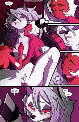 2024 5_fingers anthro bed bedroom bisexual bite biting_lip biting_own_lip black_hair black_nose blush breasts canid canid_demon canine closed_eyes comic demon dialogue ear_bite english_text fangs female female/female fingers fur furniture genitals grey_body grey_fur group hair hand_on_back hand_on_chest hellhound helluva_boss hi_res horn humanoid humanoid_hands humanoid_on_anthro humanoid_on_humanoid husband_and_wife imp kissing long_hair loona_(helluva_boss) lying lying_on_bed male male/female mammal married_couple millie_(helluva_boss) moxxie_(helluva_boss) multicolored_body multicolored_fur mythological_canine mythological_creature mythology navel nipples nude nude_anthro nude_female nude_humanoid nude_male on_bed pubes pussy red_body red_sclera red_skin silver_hair swain_(artist) teeth text trio two-tone_body two-tone_fur url white_body white_eyes white_fur white_hair