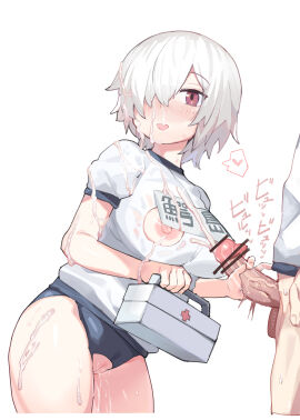 1boy 1girls absurdres blush breasts brown_eyes bukkake buruma censored commentary_request crotch_cutout cum cum_on_clothes cum_on_face cum_on_hair ejaculation erection female gym_uniform hair_over_one_eye handjob henry_bird_9 highres large_breasts light-skinned_female light-skinned_male light_skin looking_at_viewer male name_tag nipple_cutout nipples open_mouth original penis pussy pussy_juice short_hair simple_background smile sweat variant_set waving white_background white_hair