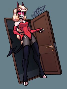 charlie_morningstar_(hazbin_hotel) demon demon_horns demon_tail elbow_gloves female haxad hazbin_hotel hooves red_eyes red_sclera solo_female tagme thighhighs